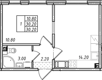 Планировка: 1-комнатная квартира 30,4 м² в ЖК «Ржевский парк»