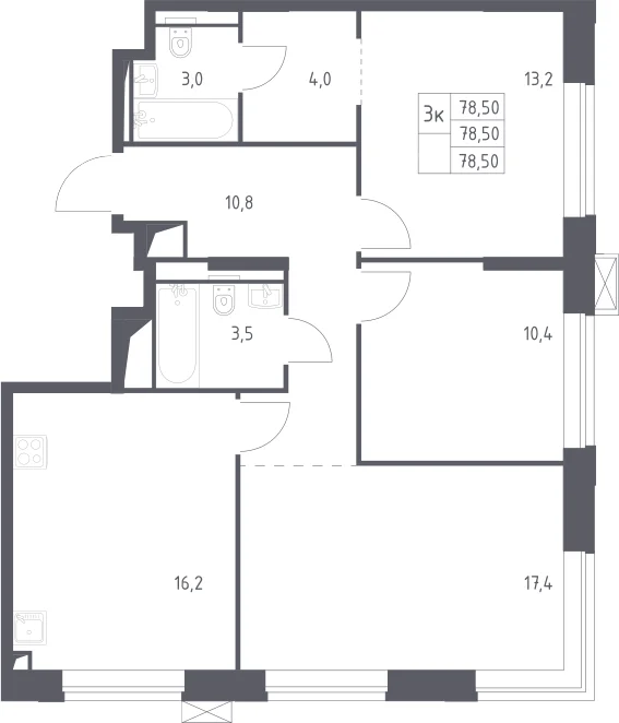 Планировка: 3-комнатная квартира 78,5 м² в ЖК «Верейская 41»