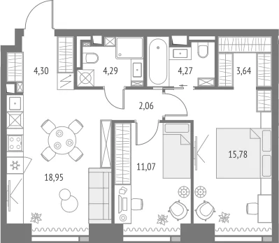 Планировка: Евротрёшка 64,4 м² в ЖК «Апсайд Тауэрс»