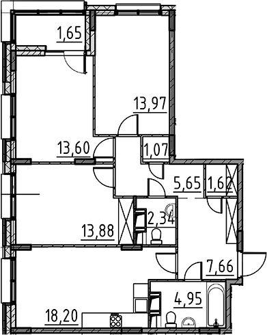 Планировка: Квартира евро-4 82,9 м² в ЖК «ВЕРЕН НОРТ Cертолово»