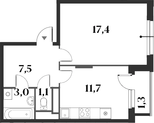 Планировка: 1-комнатная квартира 40,7 м² в ЖК «Миниполис 8 Кленов»