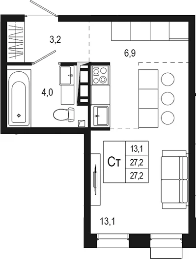 Планировка: Студия 27,2 м² в ЖК «Новая Щербинка»