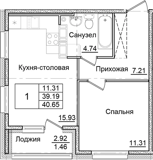 Планировка: 1-комнатная квартира 39,2 м² в ЖК «Квартал Заречье»