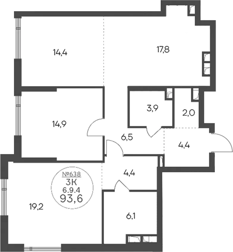 Планировка: Евротрёшка 93,6 м² в ЖК «Клубный квартал КРЫЛАТСКАЯ 33»