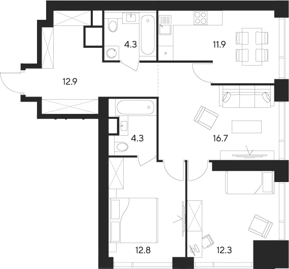 Планировка: 3-комнатная квартира 75,2 м² в ЖК «Инди Тауэрз от Аквилон»