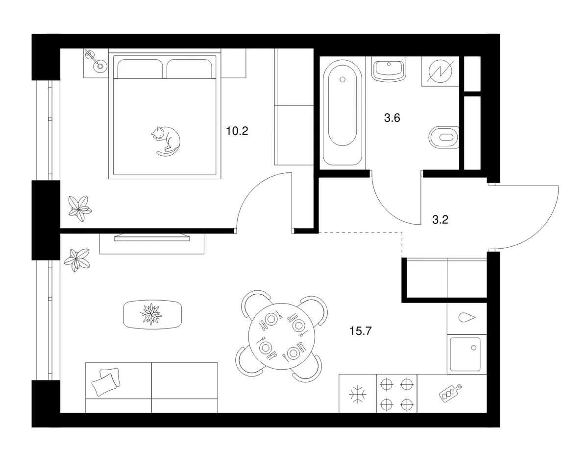 Планировка: 1-комнатная квартира 32,7 м² в ЖК «2-й Иртышский»