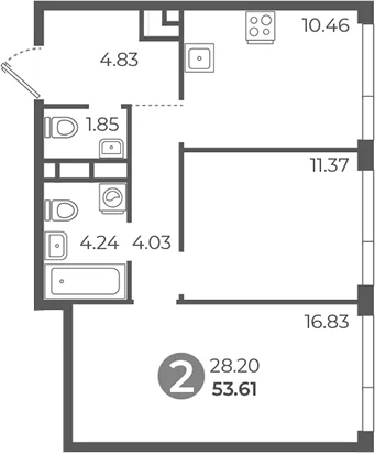 Планировка: 2-комнатная квартира 53,6 м² в ЖК «Нижегородская от Гранель»