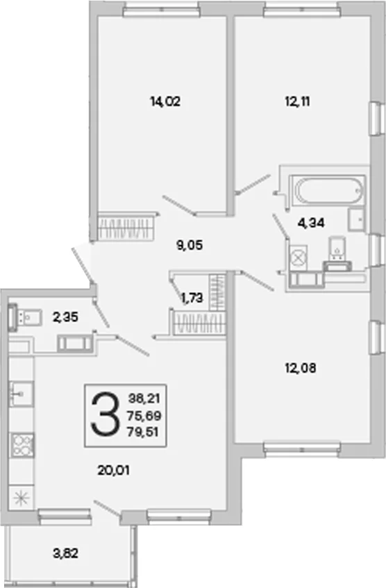 Планировка: 3-комнатная квартира 75,7 м² в ЖК «ЮгТаун. Олимпийские кварталы»
