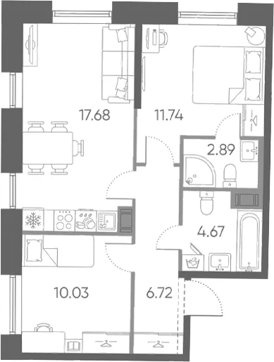 Планировка: Евротрёшка 53,7 м² в ЖК «Бульвар Грина»