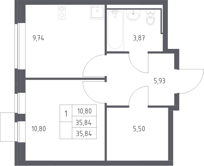 Планировка: 1-комнатная квартира 35,8 м² в ЖК «Молжаниново»