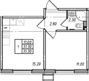 Планировка: 1-комнатная квартира 31,3 м² в ЖК «Ржевский парк»