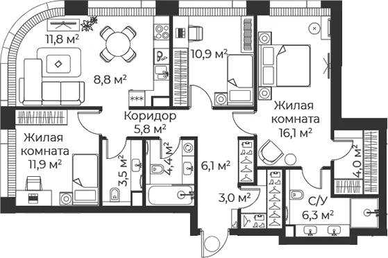 Планировка: Квартира евро-4 92,6 м² в ЖК «Веер»