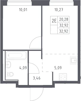 Планировка: Евродвушка 32,9 м² в ЖК «Прибрежный Парк»