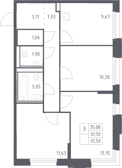 Планировка: 3-комнатная квартира 61,5 м² в ЖК «Квартал Строгино»