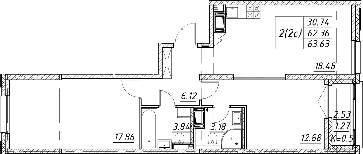 Планировка: Евротрёшка 62,4 м² в ЖК «Цивилизация на Неве»