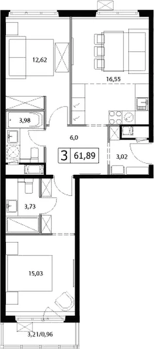 Планировка: Евротрёшка 60,9 м² в ЖК «У реки.Эко Видное 2.0»