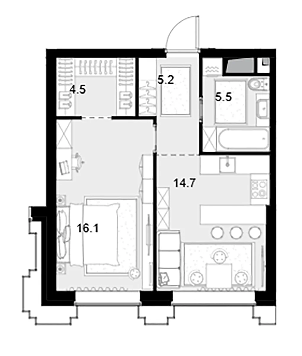 Планировка: 1-комнатная квартира 46 м² в ЖК «Высотка на Жукова»