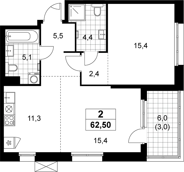 Планировка: Евродвушка 59,5 м² в ЖК «Дзен-кварталы»