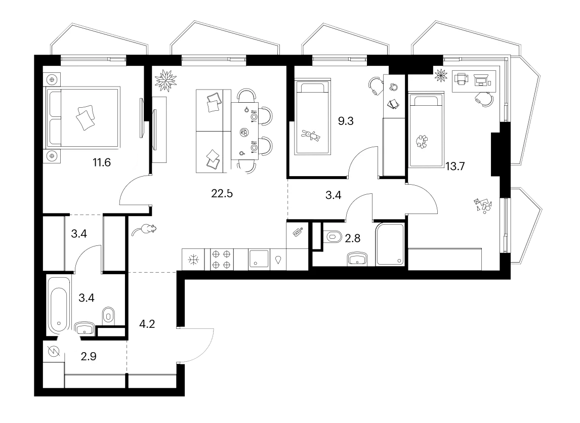 Планировка: 3-комнатная квартира 77,2 м² в ЖК «Мичуринский парк»