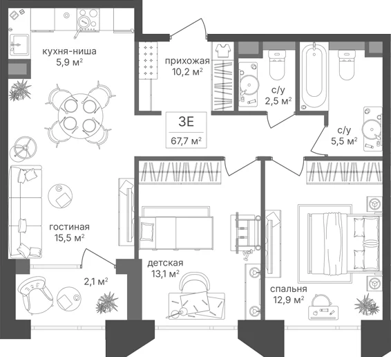 Планировка: Евротрёшка 65,6 м² в ЖК «Петровский Парк II»