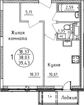 Планировка: 1-комнатная квартира 38 м² в ЖК «Дом Союзов»