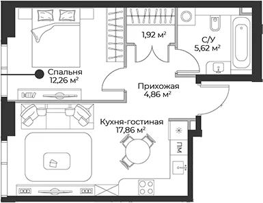 Планировка: Евродвушка 42,5 м² в ЖК «Гранд Фили»