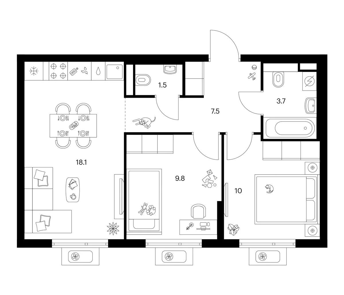 Планировка: 2-комнатная квартира 50,6 м² в ЖК «Белая Дача парк»