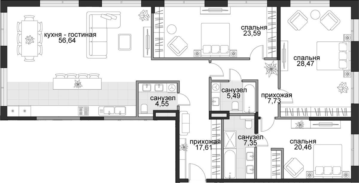 Планировка: Квартира евро-4 171,9 м² в ЖК «Садовническая, 69»