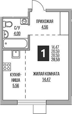 Планировка: Студия 28,6 м² в ЖК «Гранель Притяжение Сити»