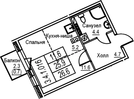 Планировка: Студия 25,9 м² в ЖК «Экография»