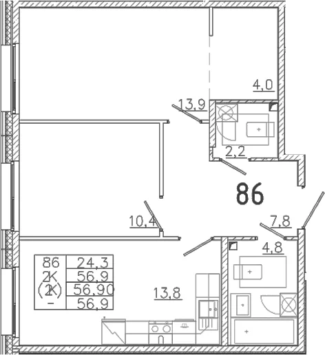 Планировка: 2-комнатная квартира 56,9 м² в ЖК «Лисино»