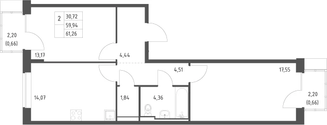 Планировка: 2-комнатная квартира 59,9 м² в ЖК «Подольские кварталы»