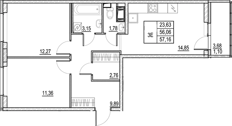 Планировка: 2-комнатная квартира 56,1 м² в ЖК «Город-спутник Южный»