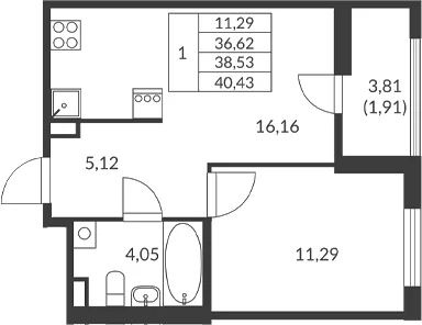 Планировка: 1-комнатная квартира 36,6 м² в ЖК «Амурино»