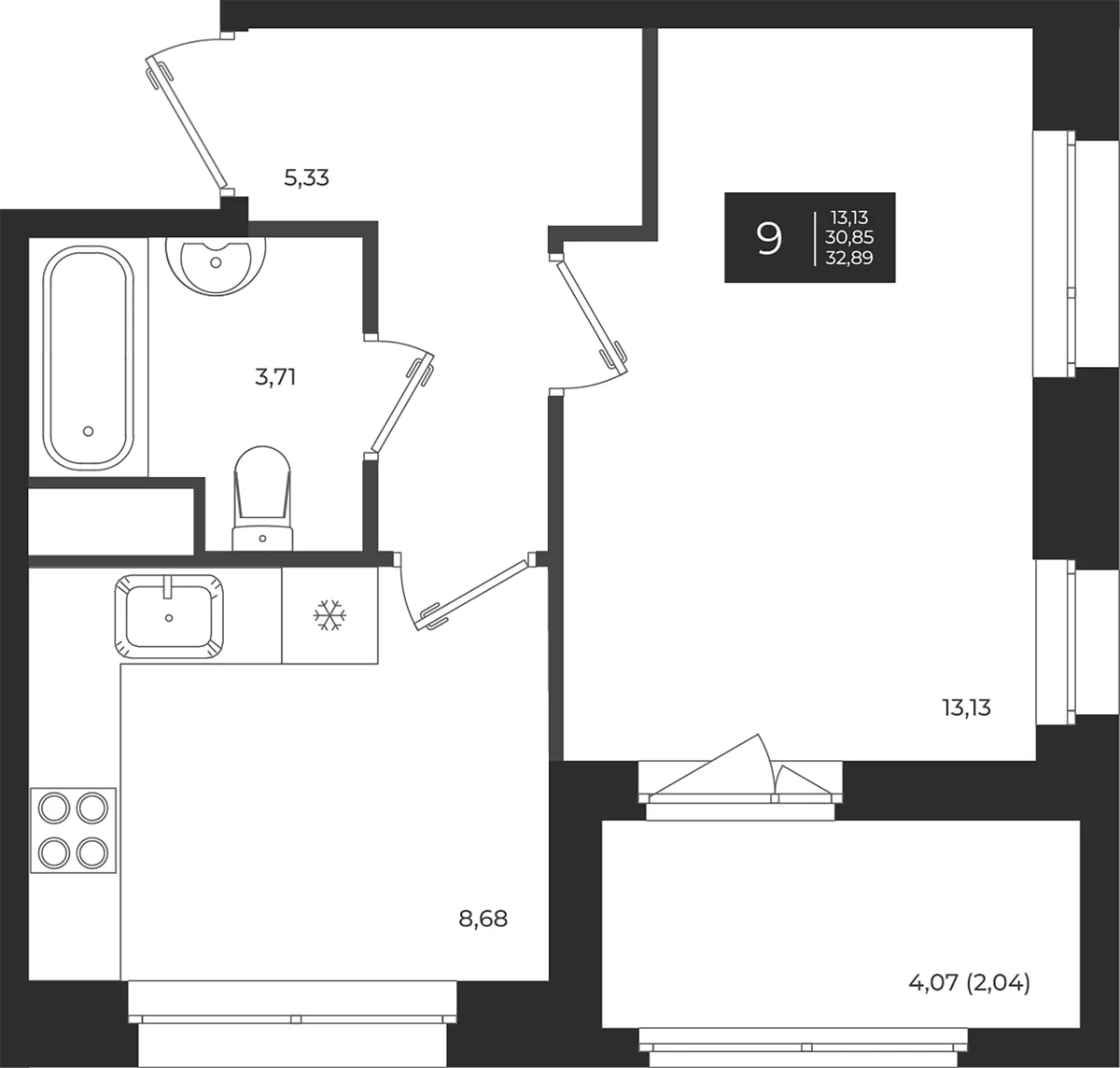 Планировка: 1-комнатная квартира 30,9 м² в ЖК «Новатория»