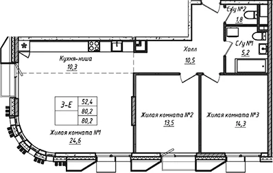 Планировка: Евротрёшка 80,2 м² в ЖК «УНО.Соколиная гора»