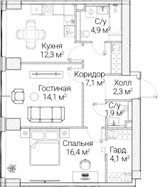 Планировка: 2-комнатная квартира 62,6 м² в ЖК «СЕЗАР БУДУЩЕЕ»