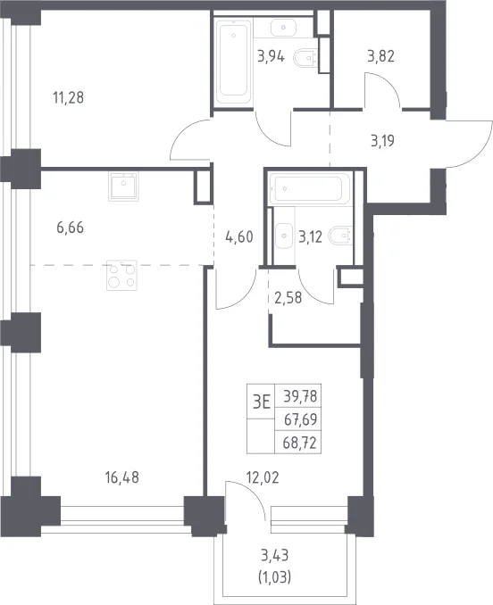 Планировка: Евротрёшка 67,7 м² в ЖК «НОВА»