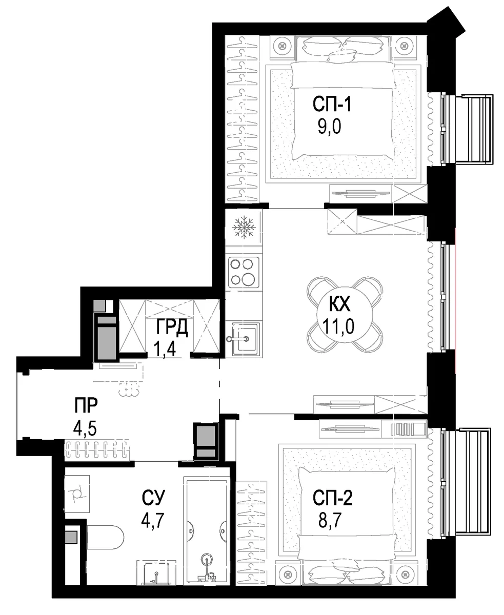 Планировка: 2-комнатная квартира 39,3 м² в ЖК «Новая Звезда»