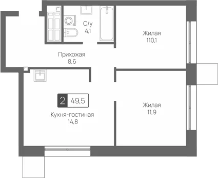 Планировка: Евротрёшка 49,5 м² в ЖК «Сити квартал Отрада»