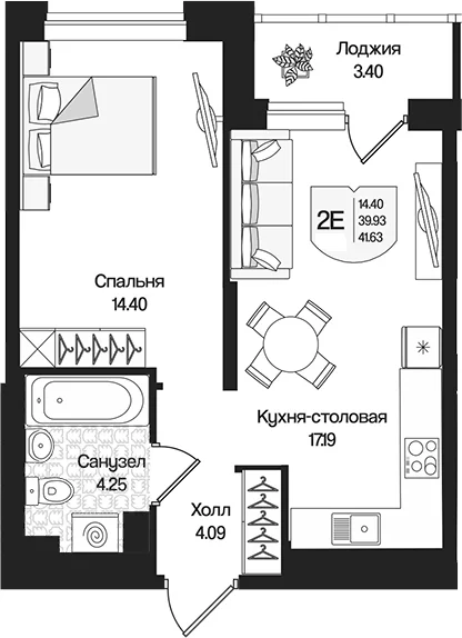Планировка: Евродвушка 39,9 м² в ЖК «Охтинские высоты»