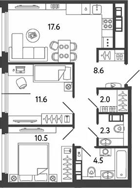 Планировка: Евротрёшка 57,1 м² в ЖК «Гений»
