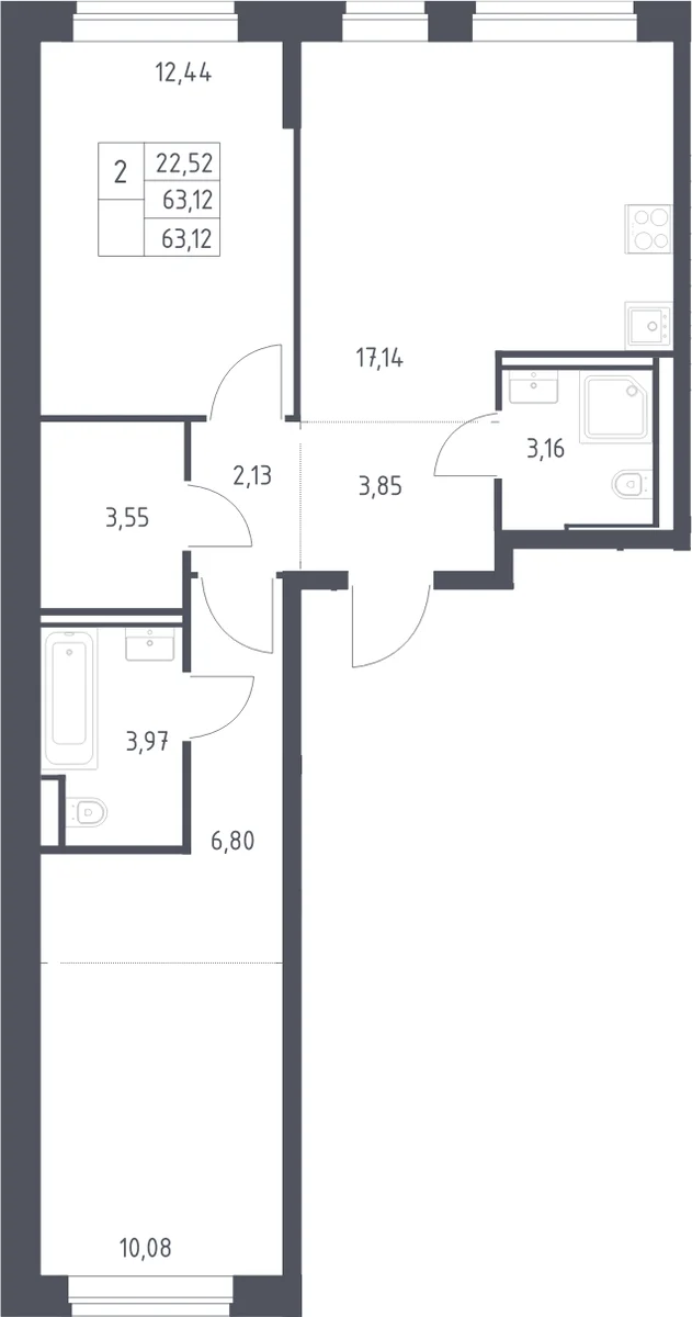 Планировка: Евротрёшка 63,1 м² в ЖК «Литературный Квартал»