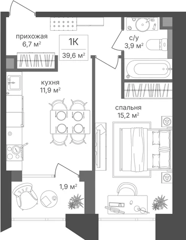 Планировка: 1-комнатная квартира 37,7 м² в ЖК «Петровский Парк II»