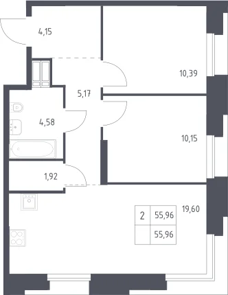 Планировка: Евротрёшка 56 м² в ЖК «Тропарево Парк»