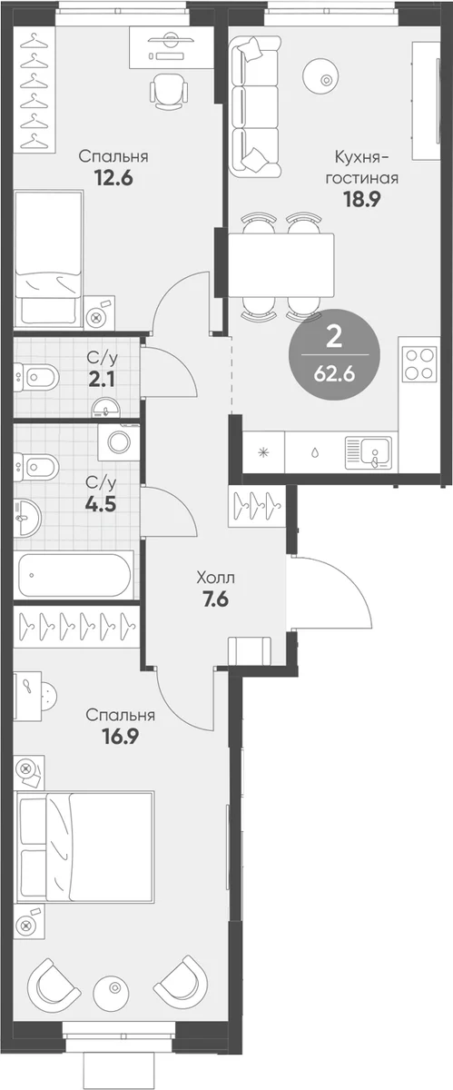 Планировка: Евротрёшка 62,6 м² в ЖК «Ягодное Река Парк»