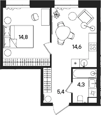 Планировка: 1-комнатная квартира 39,1 м² в ЖК «СТОУН Райз»