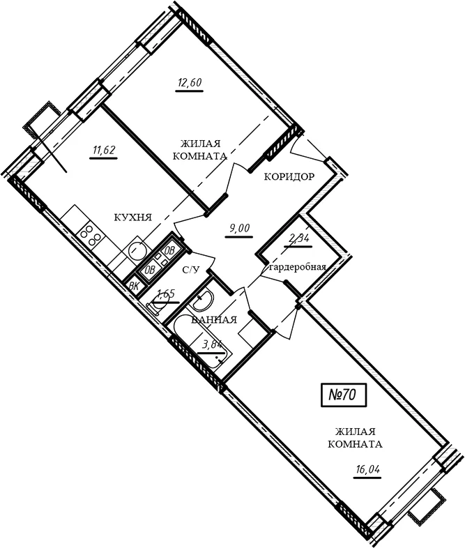 Планировка: 2-комнатная квартира 57,1 м² в ЖК «Краснофлотский»
