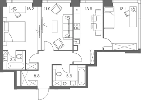 Планировка: 3-комнатная квартира 72,1 м² в ЖК «ЛОТ от Аквилон»