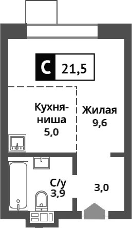 Планировка: Студия 21,5 м² в ЖК «Никольский квартал Отрада»